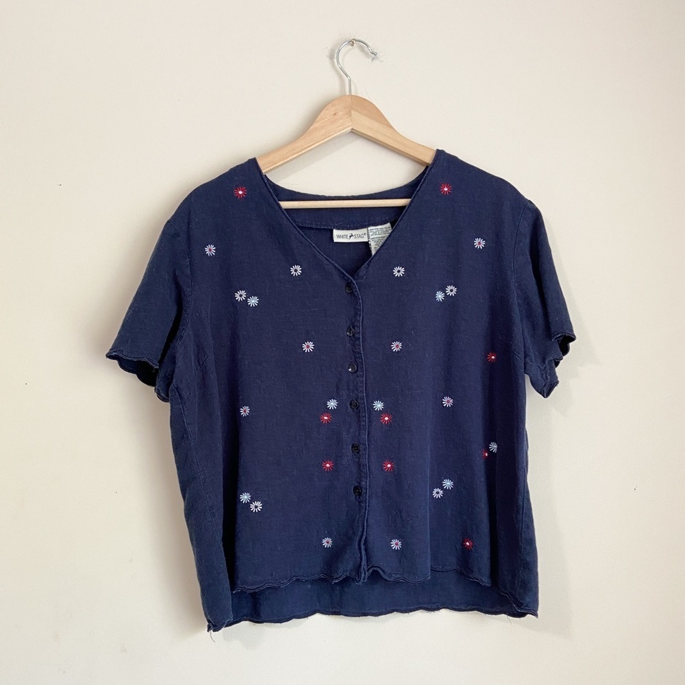 White Stag Navy Scalloped Hem Floral Embroidered Blouse